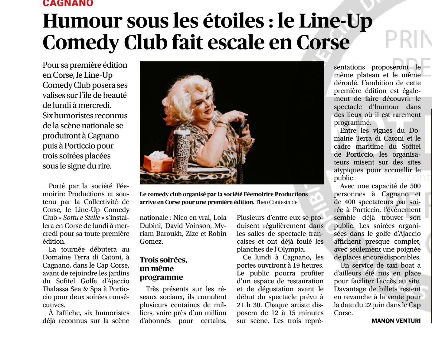 Article Corse-Matin du 20 juin 2026 : « Humour sous les étoiles : le Line-Up Comedy Club fait escale en Corse »